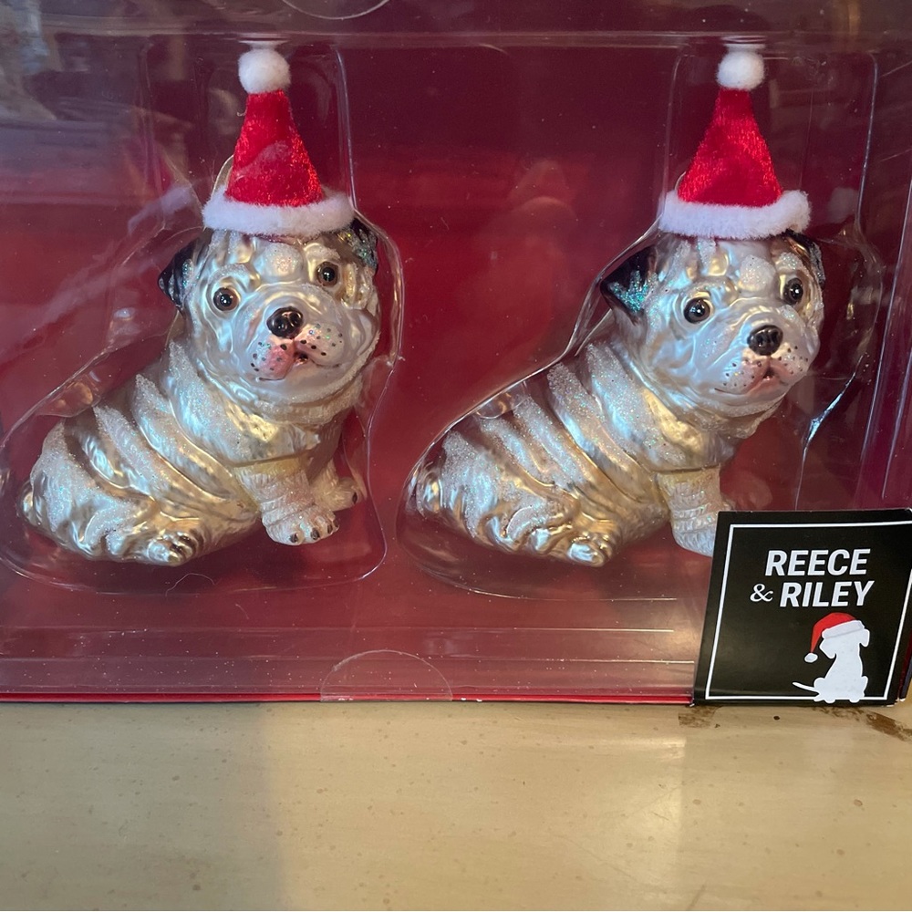 Adorable PUG Bulldog Santa Hats Glass Holiday Ornaments NEW Boxed Set of 2